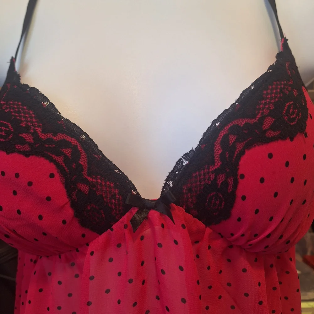 Chic Pink Polka Dot Chemise with Lace Detail Small. Valentines Day